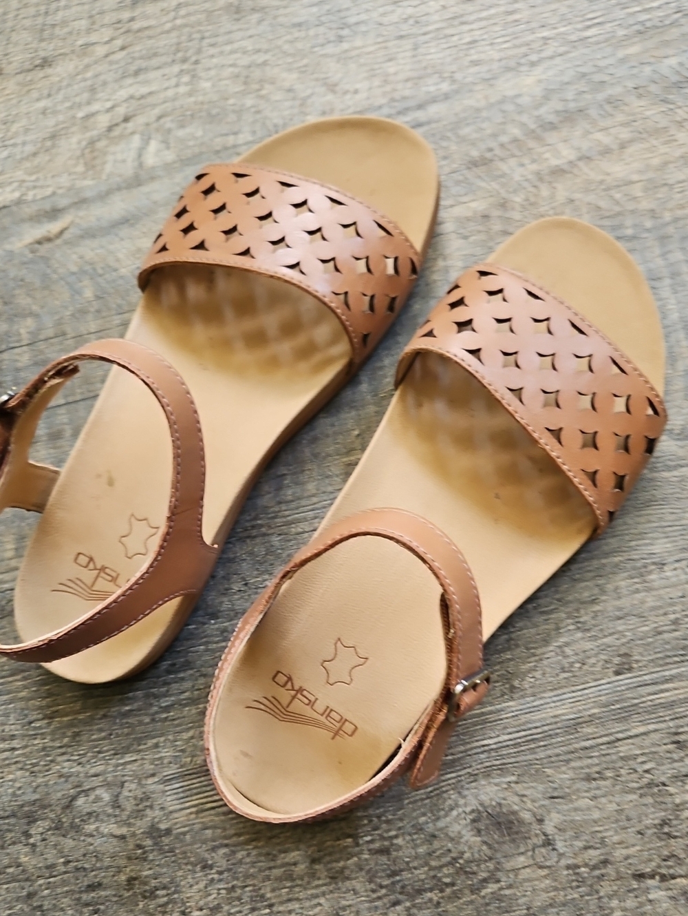 Dansko Laser-Cut Cognac Brown Slingback Sandals